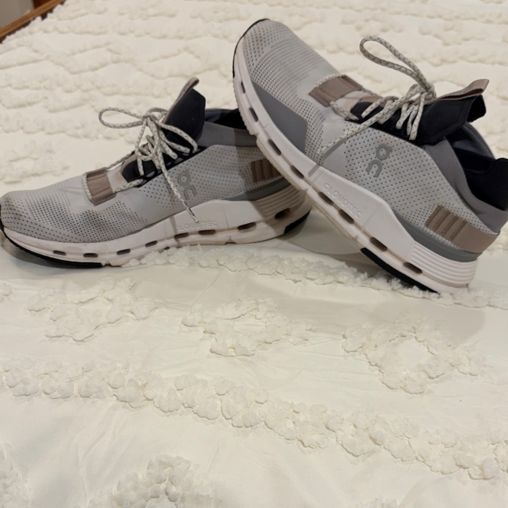 On Running Light Gray and Tan Athletic Shoes